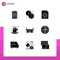 Group of 9 Solid Glyphs Signs and Symbols for glasses glasses document tea cup Editable Vector Design Elements