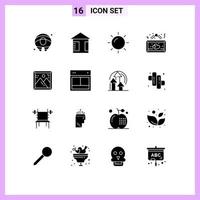 Group of 16 Modern Solid Glyphs Set for design photo sun frame love Editable Vector Design Elements