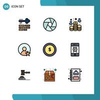 Pack of 9 creative Filledline Flat Colors of finance coin finance business user Editable Vector Design Elements