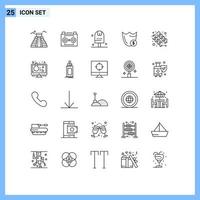 Universal Icon Symbols Group of 25 Modern Lines of secure guard sound recording shield kitchen Editable Vector Design Elements