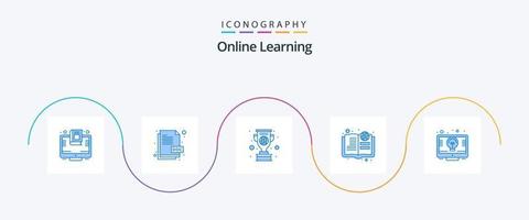 paquete de iconos azul 5 de aprendizaje en línea que incluye en línea. educación. documento. libro. premio vector