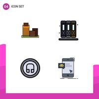 Mobile Interface Filledline Flat Color Set of 4 Pictograms of building headphone appartment education ui Editable Vector Design Elements