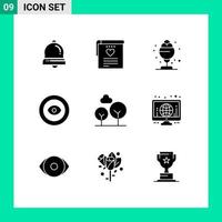 Universal Icon Symbols Group of 9 Modern Solid Glyphs of evergreen tree wreath desert eye achievement Editable Vector Design Elements