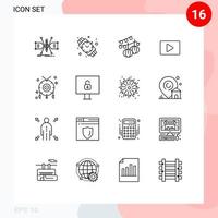 Mobile Interface Outline Set of 16 Pictograms of cultures player decoration video youtube Editable Vector Design Elements