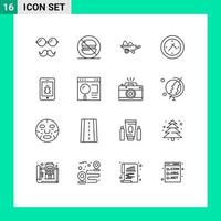 Pack of 16 Modern Outlines Signs and Symbols for Web Print Media such as mobile time wheelbarrow cinema gardening Editable Vector Design Elements