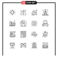 Mobile Interface Outline Set of 16 Pictograms of fire car ice tomb funeral Editable Vector Design Elements