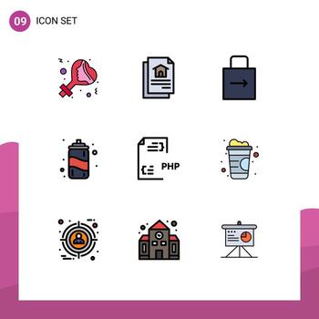 9 colores planos universales de línea de llenado establecidos para el desarrollo de aplicaciones web y móviles codificación clave elementos de diseño de vectores editables de bebidas de verano