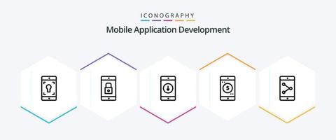paquete de iconos de 25 líneas de desarrollo de aplicaciones móviles, incluido el dólar. móvil. aplicación movil. solicitud. abajo vector