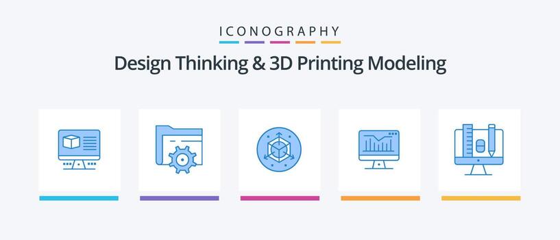 Design Thinking And D Printing Modeling Blue 5 Icon Pack Including scale. computer. scale. monitor. static. Creative Icons Design vector