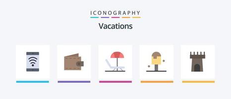 Paquete de 5 iconos de vacaciones planas que incluye. castillo. verano. playa. helado. diseño de iconos creativos vector