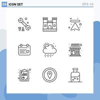 Group of 9 Modern Outlines Set for building snowy up cloud love Editable Vector Design Elements