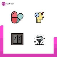 Mobile Interface Filledline Flat Color Set of 4 Pictograms of pill window mind glass cooking Editable Vector Design Elements