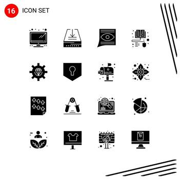paquete de 16 glifos sólidos creativos de desarrollo codificación contacto ebook libros elementos de diseño vectorial editables vector