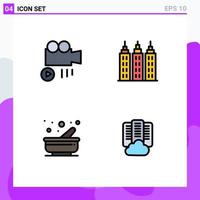 conjunto de 4 iconos de interfaz de usuario modernos signos de símbolos para elementos de diseño vectorial editables del centro de cocina del edificio de mortero de la cámara vector