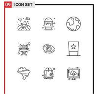 Group of 9 Modern Outlines Set for look eye globe chair camp Editable Vector Design Elements