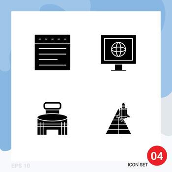 Mobile Interface Solid Glyph Set of 4 Pictograms of tabs sport internet building space Editable Vector Design Elements