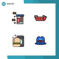 Set of 4 Commercial Filledline Flat Colors pack for tablet food boat burger cap Editable Vector Design Elements