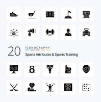 20 Sports Atributes And Sports Training Solid Glyph icon Pack like soccer game aim football shot vector