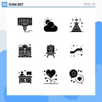 Pack of 9 Modern Solid Glyphs Signs and Symbols for Web Print Media such as easel invention network idea bulb Editable Vector Design Elements