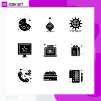 Group of 9 Solid Glyphs Signs and Symbols for html tv international stars gear Editable Vector Design Elements