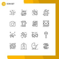 16 User Interface Outline Pack of modern Signs and Symbols of photo camera bacteria prayer mosque Editable Vector Design Elements