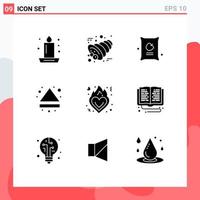 Mobile Interface Solid Glyph Set of 9 Pictograms of fire multimedia thanksgiving eject bag Editable Vector Design Elements