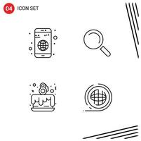Mobile Interface Line Set of 4 Pictograms of app love mobile view earth Editable Vector Design Elements