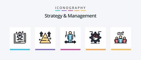 la línea de estrategia y gestión llenó el paquete de 5 iconos, incluida la configuración. documento. campana. derecho. flecha. diseño de iconos creativos vector