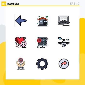 Mobile Interface Filledline Flat Color Set of 9 Pictograms of service error laptop crash love Editable Vector Design Elements