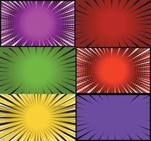 Comic book colorful frames background with halftone rays radial and dotted effects pop art style vector