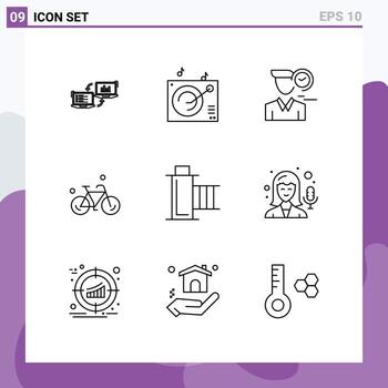 conjunto de 9 contornos vectoriales en cuadrícula para elementos de diseño vectorial editables para el usuario de bicicleta de música de primavera vector