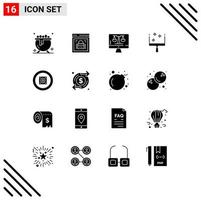 Set of 16 Vector Solid Glyphs on Grid for party boom box digital law online sweep broom Editable Vector Design Elements