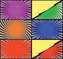 Comic book colorful frames background with halftone rays radial and dotted effects pop art style vector