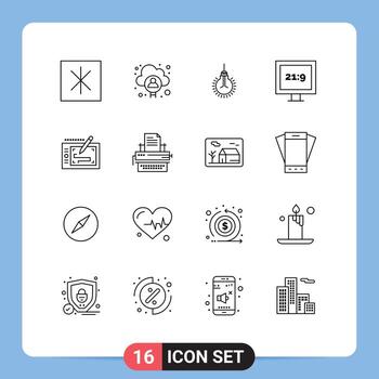 16 Thematic Vector Outlines and Editable Symbols of presentation tablet bulb tv aspect ratio Editable Vector Design Elements
