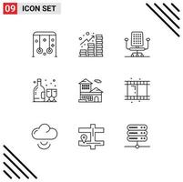 Set of 9 Vector Outlines on Grid for bank account bottle coins glass alcohol Editable Vector Design Elements