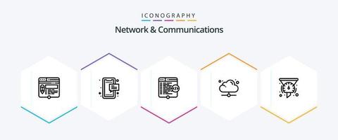 paquete de iconos de 25 líneas de redes y comunicaciones que incluye compartir. nube. móvil. codificación. sitio web vector