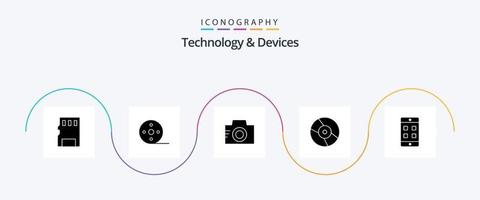 paquete de iconos de glifo 5 de dispositivos que incluye celda. dispositivo. cámara. disco. discos compactos vector