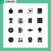 16 Universal Solid Glyphs Set for Web and Mobile Applications trophy playback control paper data Editable Vector Design Elements