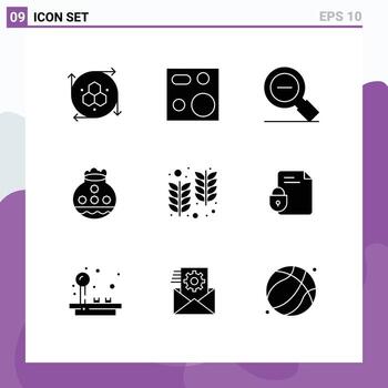 Conjunto de 9 glifos sólidos universales para aplicaciones web y móviles productos de arena pongal búsqueda de ollas elementos de diseño vectorial menos editables vector