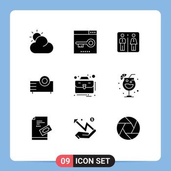 Group of 9 Modern Solid Glyphs Set for business technology elevator projector electronics Editable Vector Design Elements