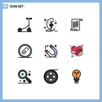 Modern Set of 9 Filledline Flat Colors Pictograph of magnet pin text file document Editable Vector Design Elements