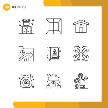 Stock Vector Icon Pack of 9 Line Signs and Symbols for communication address house report folder Editable Vector Design Elements