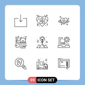 paquete de línea de vector editable de 9 contornos simples de idea real estate corazón propiedad llaves de casa elementos de diseño de vector editable
