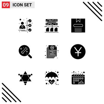 Group of 9 Modern Solid Glyphs Set for financial document commerce bill bone Editable Vector Design Elements