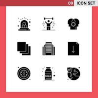 Pack of 9 Modern Solid Glyphs Signs and Symbols for Web Print Media such as apartment layers lifting group setting Editable Vector Design Elements