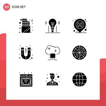 Modern Set of 9 Solid Glyphs Pictograph of cloud database science science magnet sign Editable Vector Design Elements