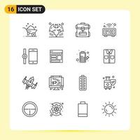 Outline Pack of 16 Universal Symbols of smart watch watch bag table clock Editable Vector Design Elements