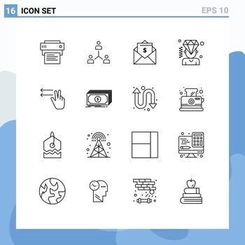 Pack of 16 Modern Outlines Signs and Symbols for Web Print Media such as diamond business hierarchy mail money Editable Vector Design Elements