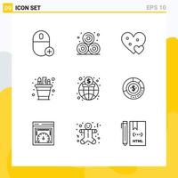 Group of 9 Modern Outlines Set for pot pencil heart pen small Editable Vector Design Elements