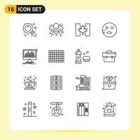 Modern Set of 16 Outlines Pictograph of dashboard analytics flag school sad Editable Vector Design Elements